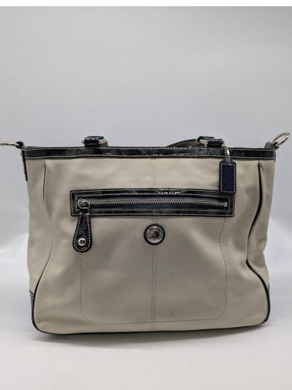 COACH F14887 Laura North/South Large Leather Tote Chalk /Navy